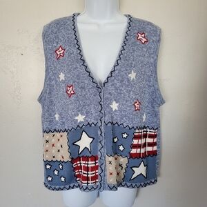 Bobbie Brooks Vintage XL Blue Knit Vest Stars Flag Red White Patriotic American